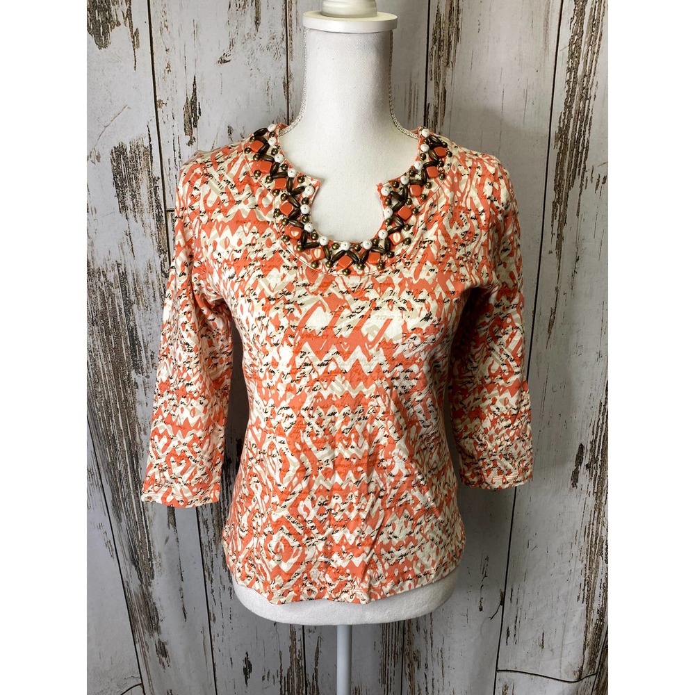 Ruby Rd Peach/White/Tan 1/2 Sleeve Blouse With Beaded Neckline